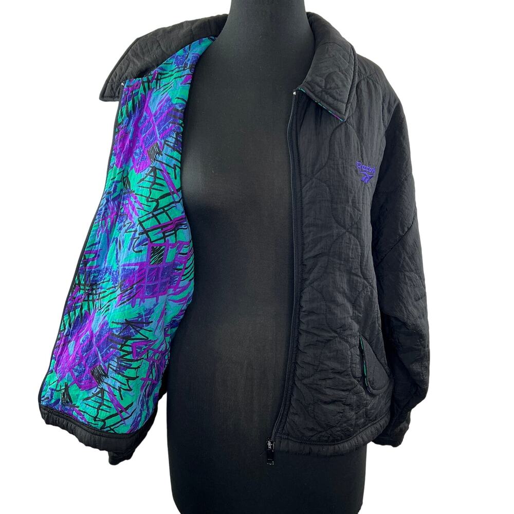 VINTAGE Reebok Black Zip Front Retro Print Quilted Windbreaker Jacket Size L VTG
